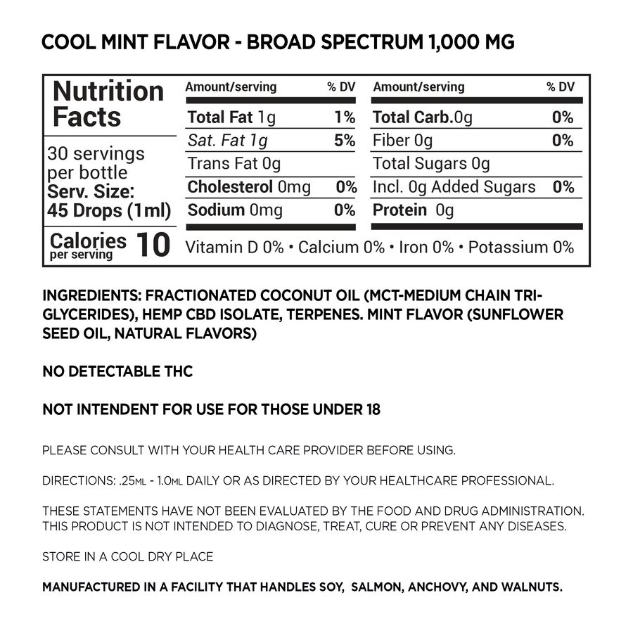 Broad Spectrum 1,000mg CBD Tinctures (Liquids) - No THC